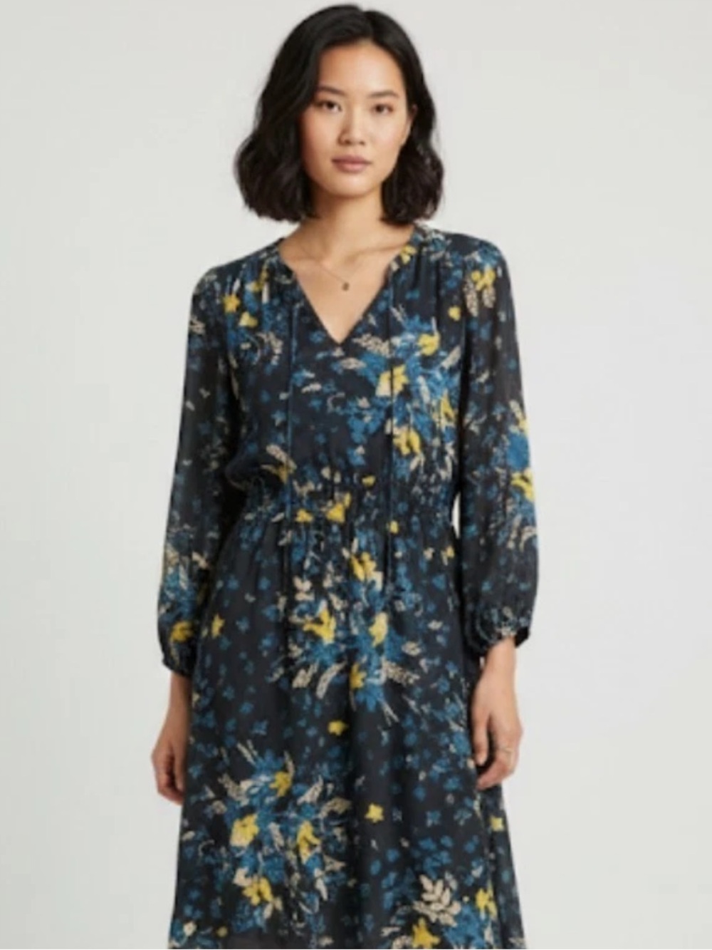 LOFT Navy Blue Floral Mini Dress V-Neck Tie Front Long 3/4 Sleeve Cottagecore XS